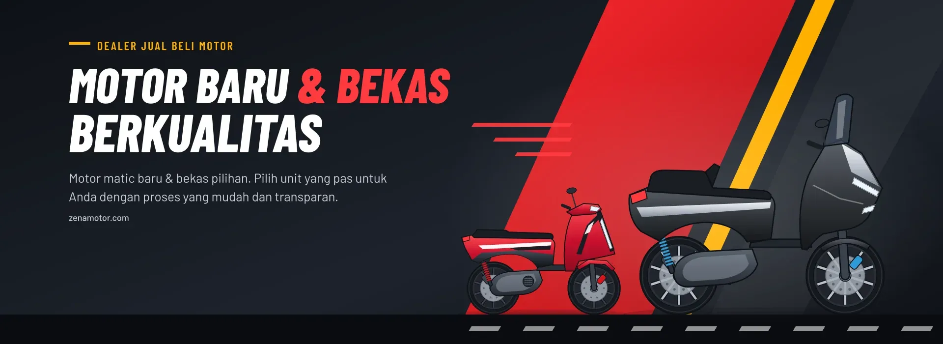 Motor matic baru dan bekas berkualitas di MOSKAS MOTOR: ilustrasi skuter maxi hitam dan skuter matic merah.